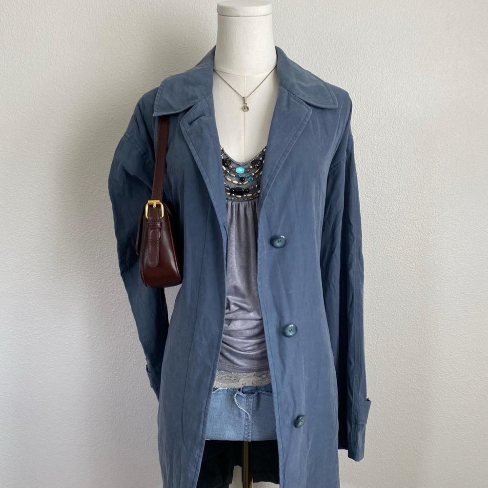 Vintage London Fog Blue Lightweight Trench Coat Rain Jacket Structured Lapels